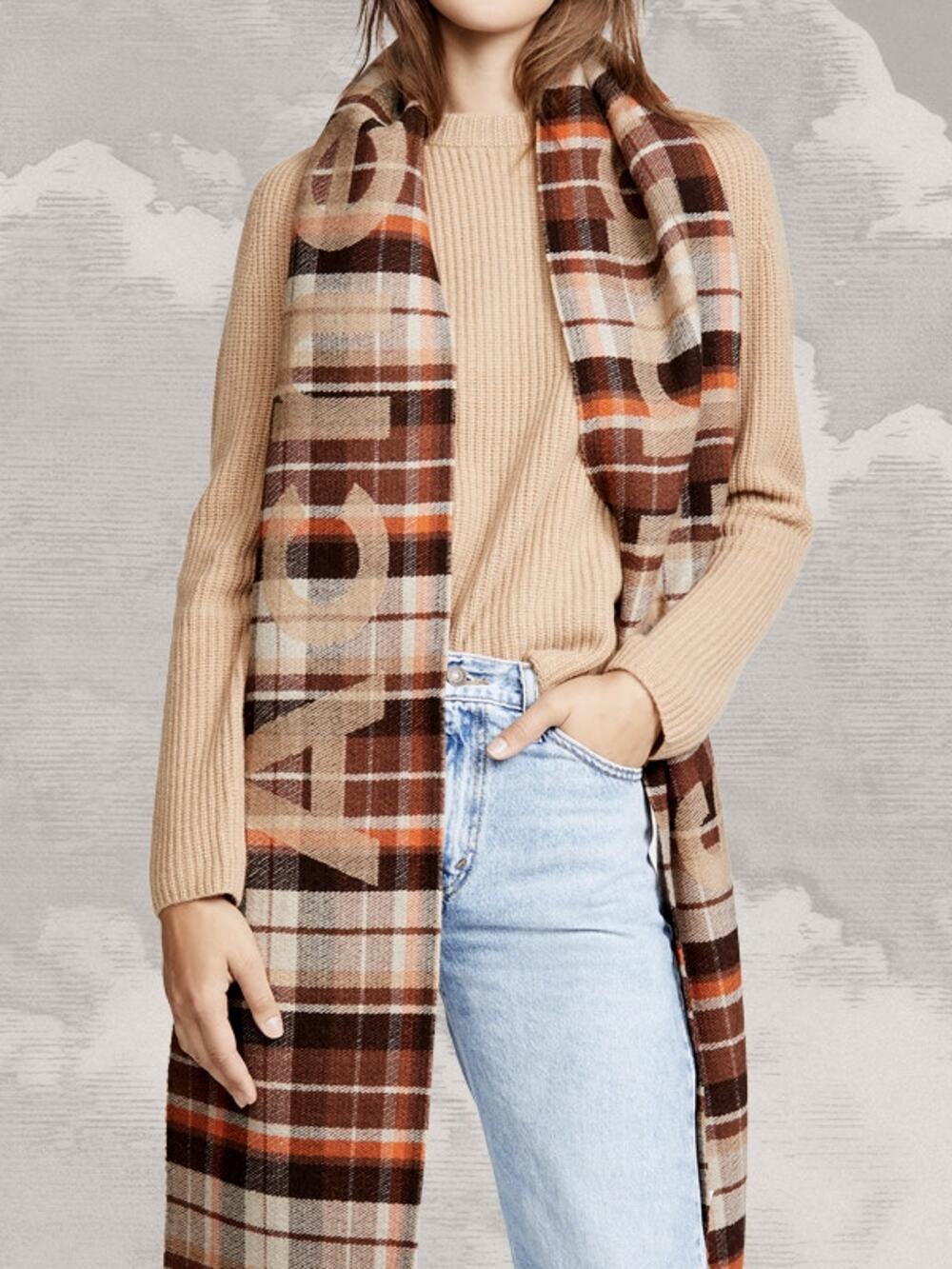 ACNE STUDIOS Plaid Logo Wool Scarf Tartan Brown Spell Out Orange
